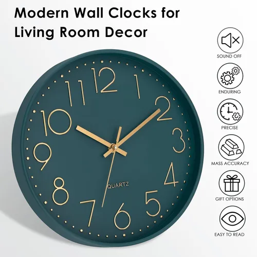 Miniatura 2 de Reloj de pared Lumuasky, moderno, analógico, silencioso, sin tictac, decorativo, de esmeralda, funciona con pilas, para escuela, oficina, aula, Verde
