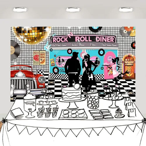 Miniatura 4 de Telón de fondo de comedor de los años 50, decoración de fiesta, fondo de mesa de postre, accesorios para cabina de fotos, no lavable, 5 x 3 pies
