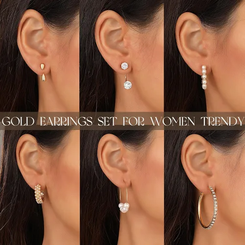 Miniatura 3 de Juego de 84 pares de aretes de oro para mujer, paquete múltiple, aretes de mariposa de circonita cúbica de perlas de moda, aretes hipoalergénicos