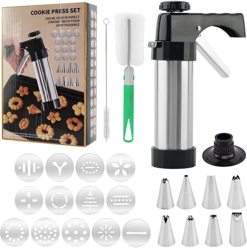 Miniatura 2 de Prensa de galletas de acero inoxidable, kit de pistola de prensa de galletas, fabricante de Spritz con 8 puntas de tubería y 13 discos para hacer