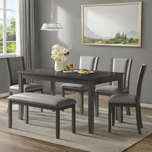 Miniatura 24 de Juego de mesa de comedor para 4, juego de mesa de comedor de 5 piezas con mesa cuadrada y 4 sillas tapizadas de tela de lino, modernos