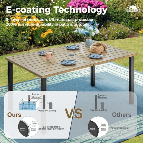 Miniatura 5 de SUNSHINE VALLEY Juego de 7 sillas de comedor para patio, material metálico, 6 sillas de comedor de color teca rectangular con agujero para sombrilla