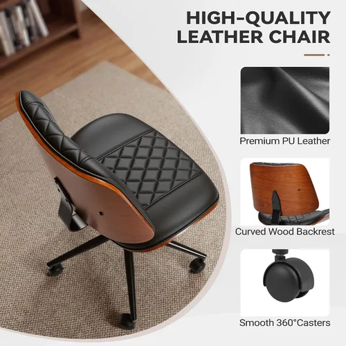 Miniatura 3 de JUMMICO Silla de escritorio de oficina sin brazos con ruedas, moderna silla de escritorio pequeña de cuero de nogal, altura ajustable, giro de 360°