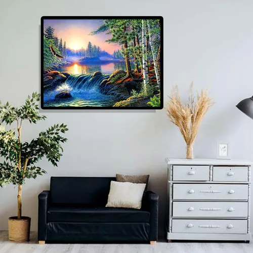 Miniatura 2 de hill froeistung Cascadas 5D, Puesta de Sol, Montaña, Lago, Bosque Kits de Pintura de Arte de Diamantes para Adultos, Paisaje Natural de Taladro HF004