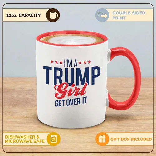 Miniatura 2 de Taza de café de cerámica con texto en inglés "I'm a Trump Girl Get Over It", regalo para ella, 11 onzas (mango rojo)