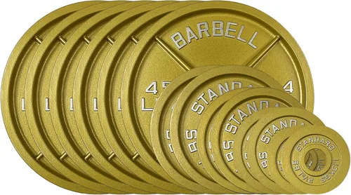 Miniatura 10 de Placas de acero olímpico con acabado dorado - Pares y juegos de barra estándar de 2 pulgadas en oro premium para levantamiento de pesas
