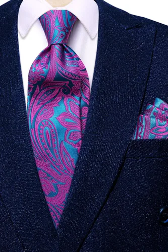 Miniatura 229 de Hi-Tie Corbatas de seda para hombre, diseño de cachemira a rayas, con bolsillo, gemelos cuadrados, conjunto formal de negocios