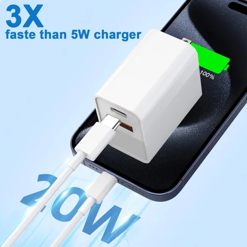 Miniatura 4 de Cargador rápido de 10 pies para iPhone 17/16e, paquete de 2 adaptadores de corriente USB C+A de 20 W de doble puerto, cable de carga rápida USB C a