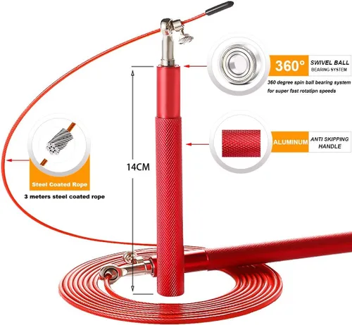 Miniatura 2 de Cuerda de Saltar de Velocidad - Bola de Rodamiento Giratoria 360° - Cuerda de acero recubierta ajustable - Mango anti-salto de aluminio - Rojo