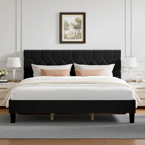 Miniatura 11 de Novilla - Base de cama Queen con cabecero, base de cama tamaño Queen con soporte de listones de madera, cabecero tapizado de terciopelo con puntos
