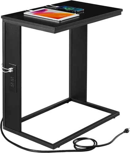 Vagusicc Mesa auxiliar en forma de C con estación de carga, mesa auxiliar pequeña para sofá con salidas y puertos USB para sala de estar,