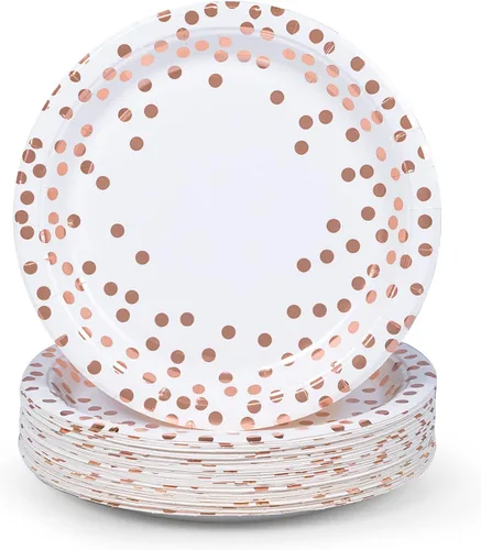 Miniatura 10 de MATICAN Platos de papel para fiestas, paquete de 100 platos desechables blancos y oro rosa, lunares de papel de aluminio, 9 pulgadas Dorado