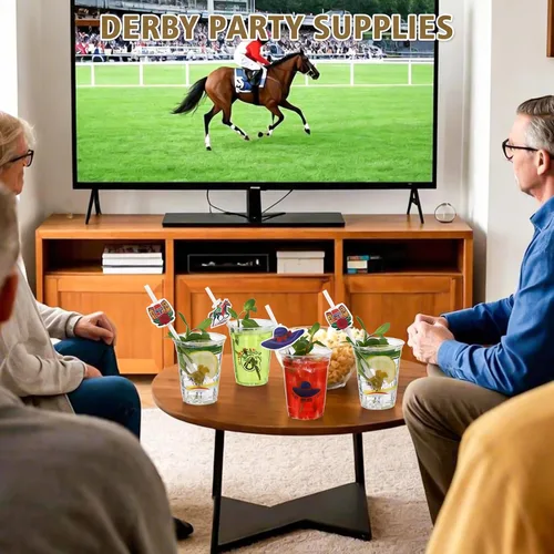 Miniatura 4 de MUOUAKATE Copas Derby desechables de plástico a granel, paquete de 100 vasos de 12 onzas Derby Clear Julep con pajitas de plástico y tarjetas
