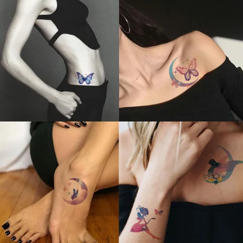 Miniatura 6 de Tatuajes con purpurina para niñas y mujeres, 12 hojas con purpurina de mariposa, luna, flores, sirena, tatuajes temporales para niñas, suministros