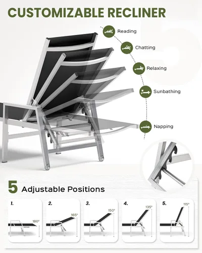 Miniatura 4 de Vexwalx Tumbona para patio al aire libre con ruedas y reposabrazos, sillas reclinables ajustables de aluminio de 5 posiciones, sillas de playa al