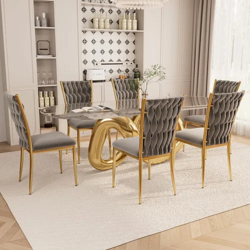 Miniatura 10 de Juego de 2 sillas de comedor de terciopelo, modernas sillas de cocina tejidas con patas de metal dorado, cojín tapizado con respaldo alto