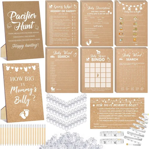 Miniatura 12 de Sherr Juego de 424 chupetes para baby shower, incluye letrero de caza y 50 chupetes acrílicos, Bingo Price Guess How Is Big Search for Brown Baby