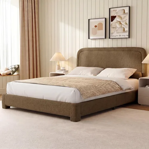Miniatura 12 de Base de cama tamaño Queen, marco de cama Boucle con cabecera ajustable, cama de plataforma tapizada moderna con listones de madera, esquinas Beige