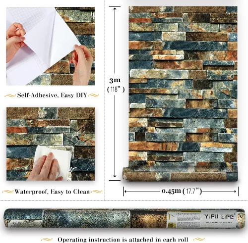 Miniatura 6 de Papel tapiz de ladrillo sintético para despegar y pegar, azul/rojo óxido, impermeable y extraíble, papel de contacto autoadhesivo para decoración