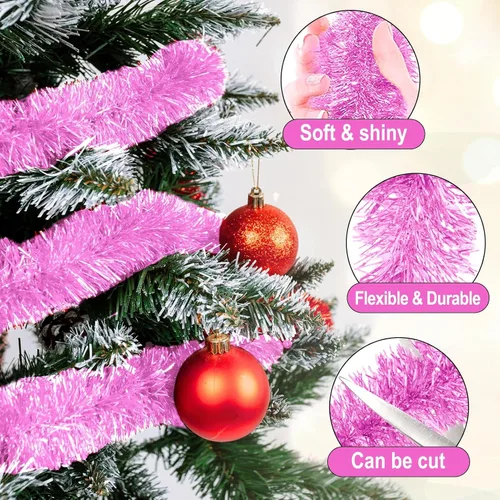 Miniatura 3 de Guirnalda de oropel de Navidad rosa macarrón de 50 pies, guirnalda de papel de aluminio metálico para colgar en la pared, telón de fondo
