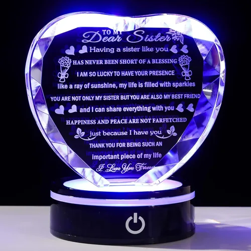 YWHL Regalos de cumpleaños para hermanas con base LED colorida de corazón de cristal para mi hermana, regalo significativo para hermanas en Navidad,
