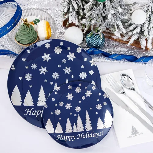 Miniatura 3 de Hioasis 175 piezas de platos de plástico para Navidad - Platos desechables de plástico azul y plateado incluyen 25 platos para cenar, 25 platos