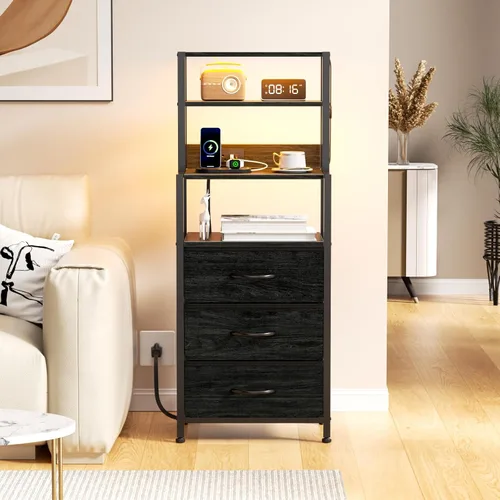 Furnulem Mesita de noche, mesita alta con 4 estantes y 3 cajones de tela, mesas de noche con estación de carga LED, mesa de cabecera para Roble negro