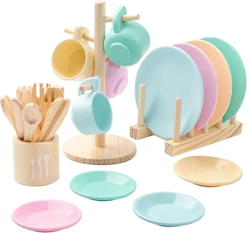 Miniatura 7 de GAGAKU Juego de Platos de Juguete de Madera para Niños - 27 Piezas Accesorios de Cocina de Juego Montessori Juego de Platos y Cuencos, Soporte