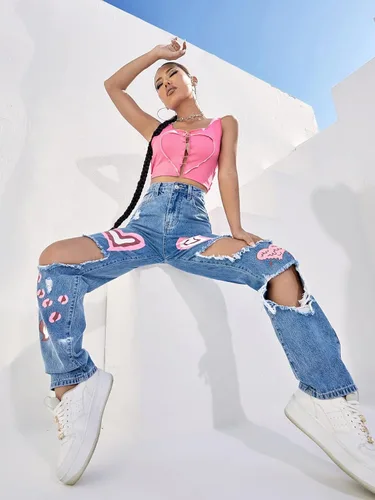 Miniatura 6 de Floerns Pantalones de mezclilla rectos con estampado de cintura alta y pierna ancha para mujer