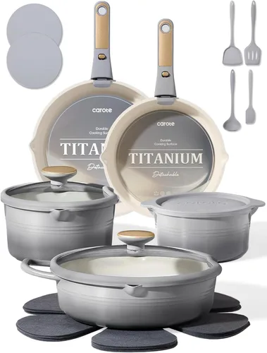 CAROTE Juego de utensilios de cocina de titanio de 17 piezas, juego de ollas y sartenes antiadherentes, juego de cocina de cocina con mango Gris