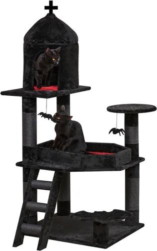 YARUOMY - Árbol gótico para gatos con cama de ataúd, torre para gatos de 55" con amplio condominio para gatos, postes para rascar, bola colgante en