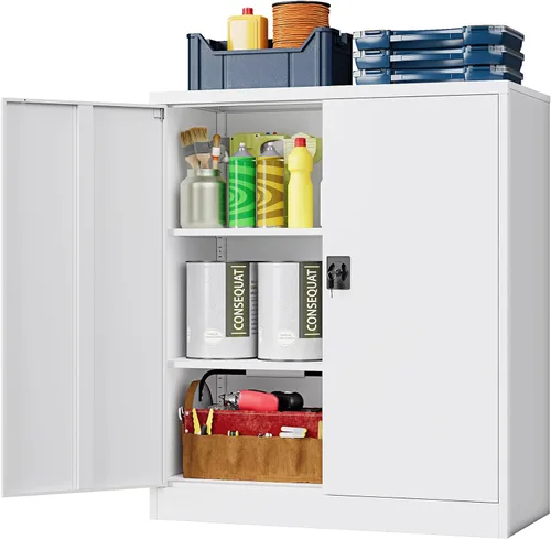 Miniatura 23 de Armario de almacenamiento de metal, archivador alto con 2 estantes ajustables y cajón, gabinete de herramientas de acero con cerradura para oficina