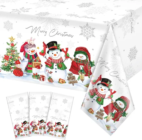 Miniatura 11 de FunnyPars 3 piezas manteles de muñeco de nieve navideños de plástico, cubierta de mesa de invierno con copos de nieve y árbol de Navidad
