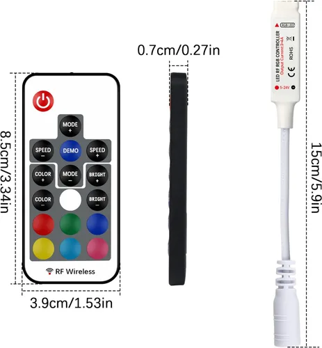 Miniatura 6 de VIPMOON Controlador LED remoto inalámbrico RF de 17 teclas, DC 5V/12V/24V Mini controlador RGB de 4 pines para 5050 3528 5630 luces de tira LED