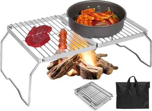 Miniatura 11 de REDCAMP Parrilla de fogata portátil de 12 pulgadas, acero inoxidable 304, parrilla plegable de fogata con parabrisas patas ajustables en altura