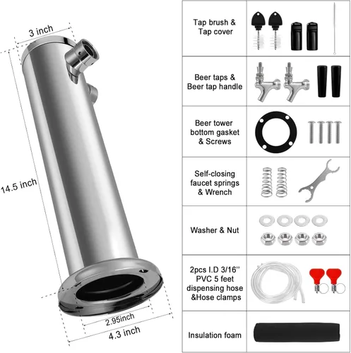Miniatura 2 de Torre Kegerator Torre de cerveza de doble grifo, torre de cerveza de acero inoxidable con brida de 3 pulgadas, dispensador de torre de cerveza