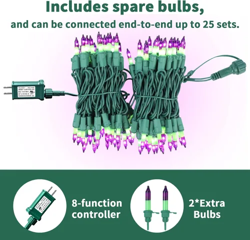 Miniatura 2 de Luces de cadena navideñas mini de 100 unidades en morado y verde, con certificación UL, equipadas con 8 modos de iluminación, perfectas para patios