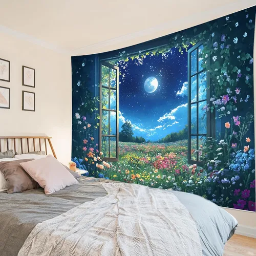 Miniatura 15 de LB Tapiz de cielo nocturno, luna llena en el mar, tapiz para colgar en la pared, tapiz de nube blanca de fantasía, tapiz de acuarela, arte de pared