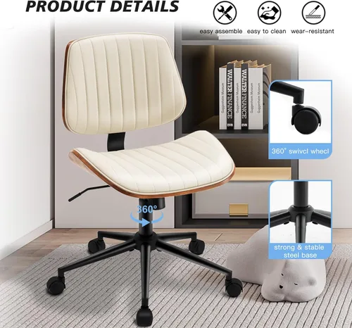 Miniatura 4 de Silla de escritorio sin brazos con ruedas giratorias de 360°, silla de computadora ergonómica de altura ajustable para oficina en casa, piel Beige