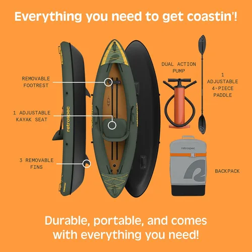 Miniatura 5 de Retrospec Coaster Kayak inflable individual y tándem para adultos, capacidad de peso de 220 y 440 lb, liviano con remo y bomba Abeto salvaje
