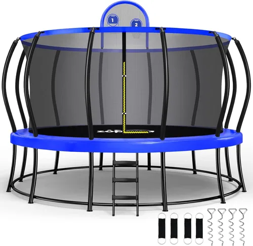 Zupapa Trampolín de doble marco de capacidad de 1800 libras, 16, 15, 14, 12 pies, diseño de seguridad sin huecos, postes curvos y aro de baloncesto,