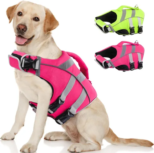 Miniatura 14 de Kuoser Chaleco salvavidas para perros con rayas reflectantes, chaleco salvavidas ajustable para mascotas con alta flotación, traje de baño