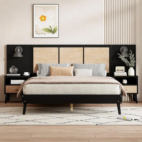 Miniatura 3 de Harper & Bright Designs Cama de plataforma tamaño Queen con 2 mesitas de noche y 2 lámparas, cama Queen de madera con cabecero, combinación de ratán
