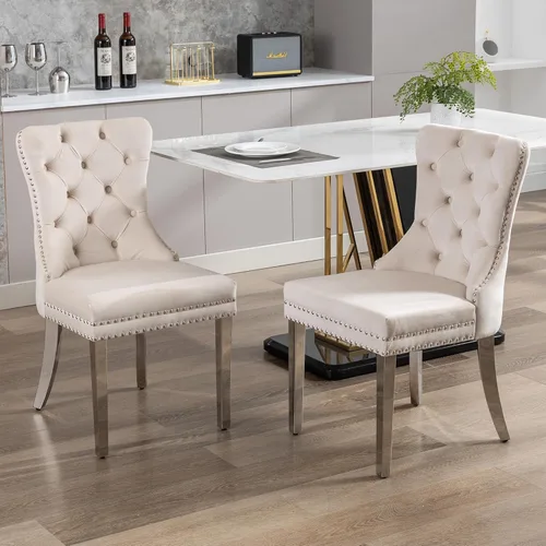 Miniatura 33 de KCC Nikki Collection - Juego de 4 sillas de comedor de terciopelo tapizadas de alta gama con anillo trasero de clavo, patas de madera maciza