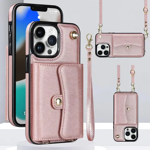 Miniatura 12 de Funda para iPhone 13 de 6.1 pulgadas, bolso cruzado con correa de hombro, funda protectora de moda para iPhone 13 (oro rosa)