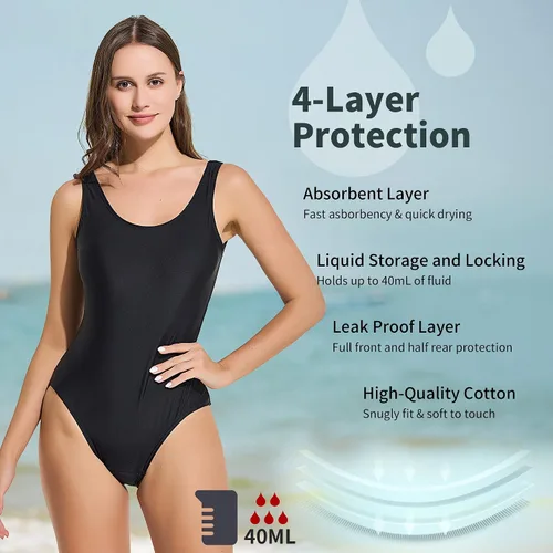 Miniatura 2 de feitycom Traje de baño menstrual negro de una pieza a prueba de fugas para adolescentes, niñas y mujeres