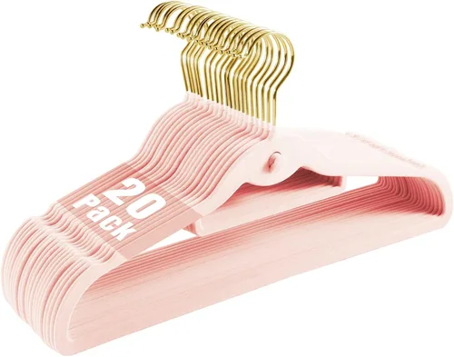 Perchas de terciopelo resistentes para ropa, paquete de 20 unidades, color rosa claro, delgadas, apilables, antideslizantes, con gancho dorado