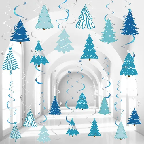 Colarr Paquete de 50 remolinos colgantes de invierno para decoración de árbol azul, remolinos de techo, espirales en espiral, adornos para aula,
