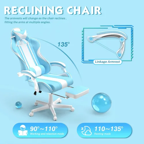 Miniatura 7 de Ferghana - Silla de juego Kawaii en azul claro con orejas de conejo, silla Gamer ergonómica y linda con reposapiés y masaje, silla de juego