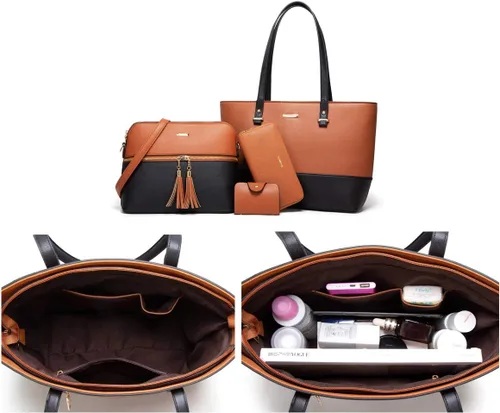 Miniatura 136 de Juego de 4 bolsas modernos para mujer de cuero sintético: bolso tote, bolso de hombro, bolso de mano y cartera.